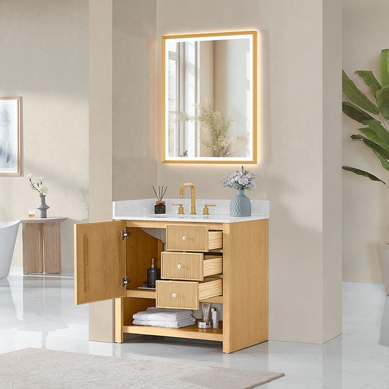Cecil 36 Single Bathroom Vanity with Top White Oak Open Drawer