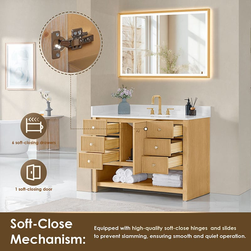 Cecil 48 Single Bathroom Vanity with Top White Oak Softclose Drawer