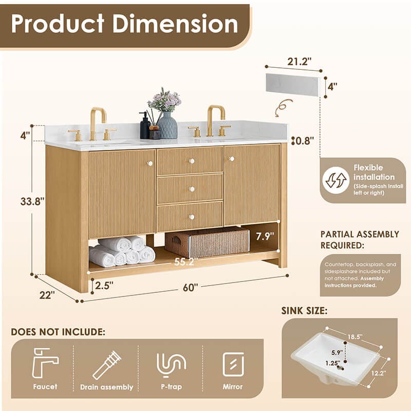 Cecil 60 Double Bathroom Vanity with Top White Oak Dimension
