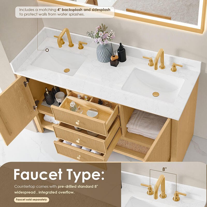 Cecil 60 inch Double Bathroom Vanity with Top White Oak Countertop