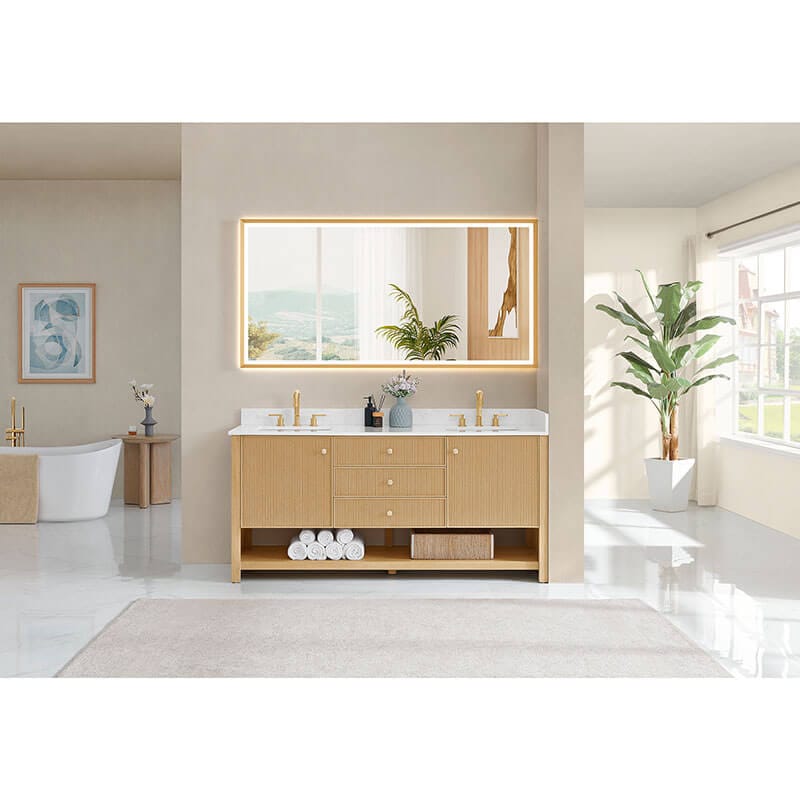 Cecil 72 inch Double Bathroom Vanity with Top White Oak Front View