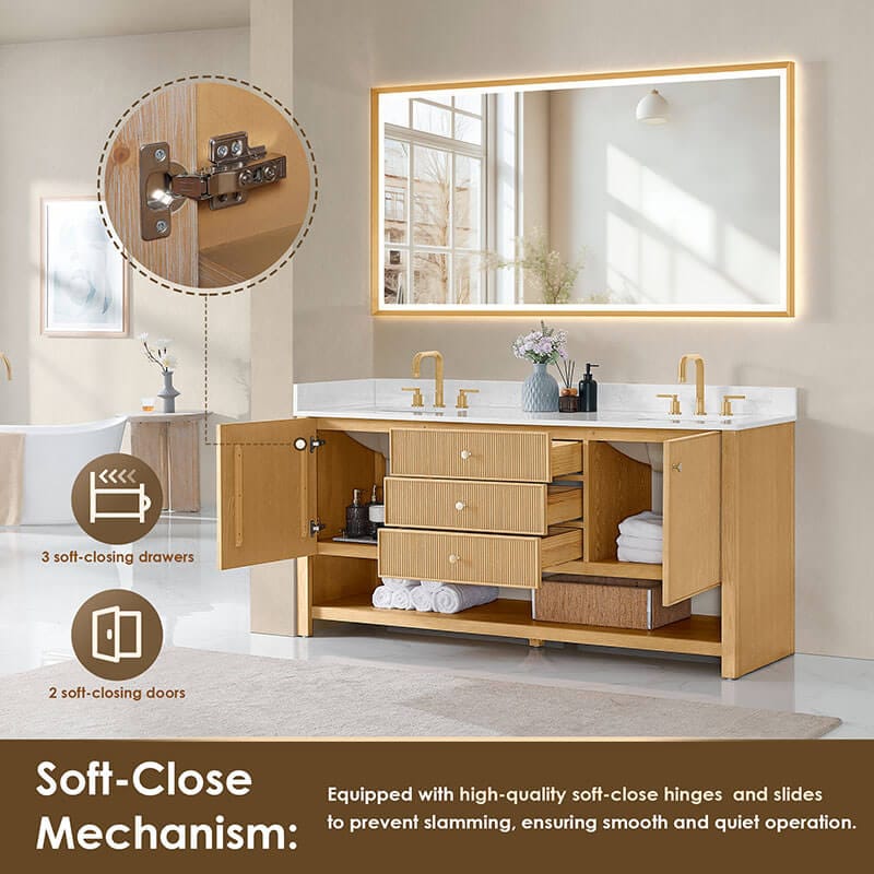 Cecil 72 inch Double Bathroom Vanity with Top White Oak Soft Close Drawer
