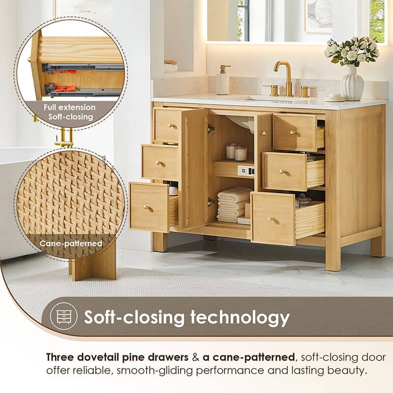 Cedar 48 Single Bathroom Vanity with Top Natural Wood Soft Close