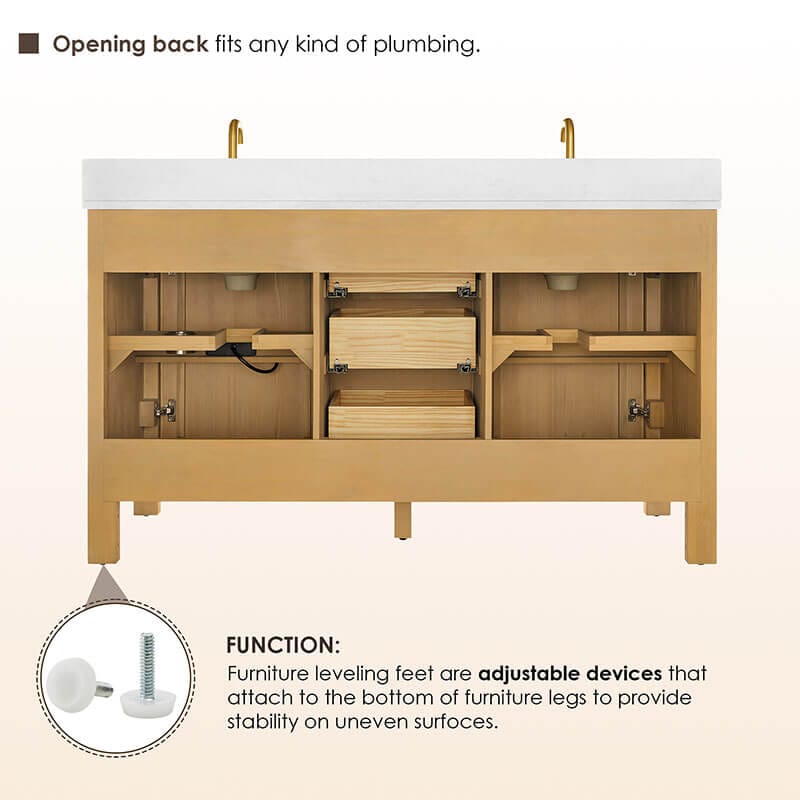 Cedar 60 Double Bathroom Vanity with Top Natural Wood Back View