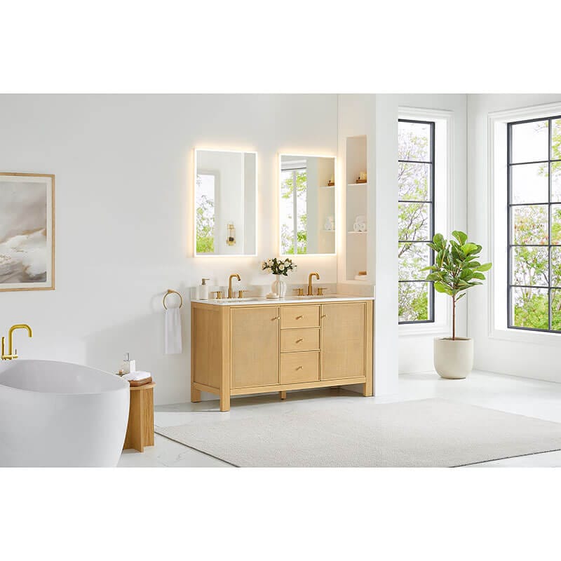 Cedar 60 inch Double Bathroom Vanity with Top Natural Wood Corner View