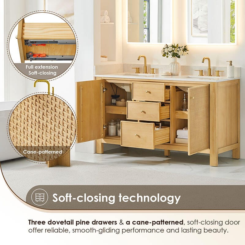 Cedar 60 inch Double Bathroom Vanity with Top Natural Wood Open Drawer Detail