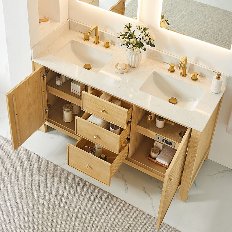 Cedar 60 inch Double Bathroom Vanity with Top Natural Wood Open Drawer