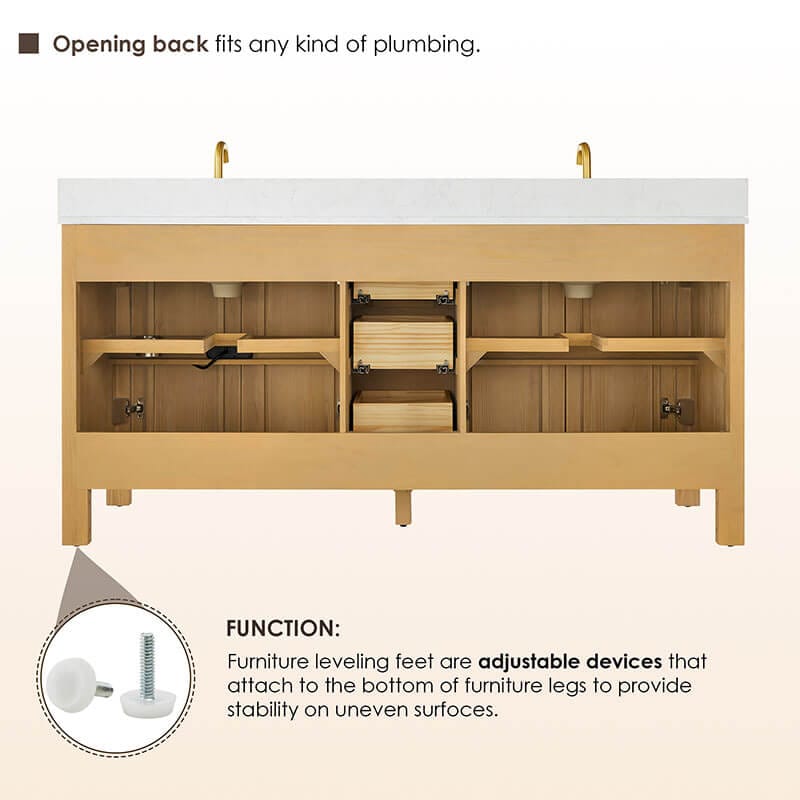 Cedar 72 Double Bathroom Vanity with Top Natural Wood Back View