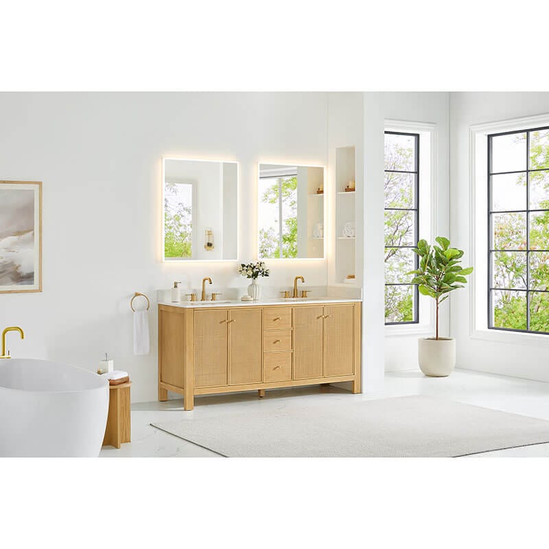 Cedar 72 inch Double Bathroom Vanity with Top Natural Wood Corner View
