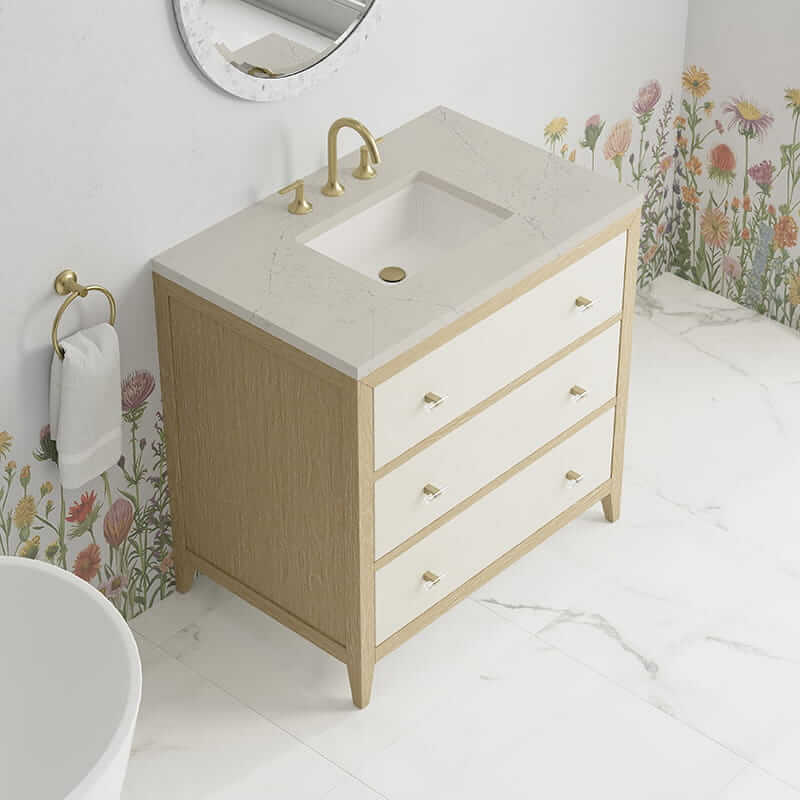 Celeste 36 Inch Single Vanity in Sunwashed Oak With Embossed Shagreen With Siberian Silestone Top