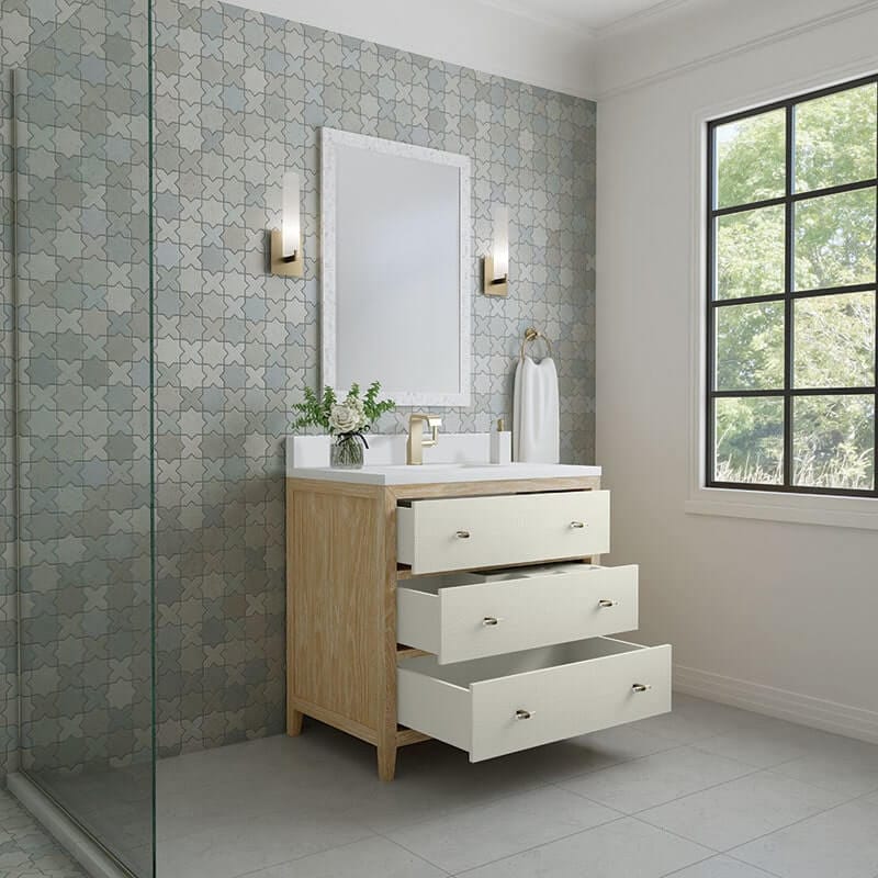 Celeste 36 Inches Single Vanity Sunwashed Oak With Embossed Shagreen Open Drawe