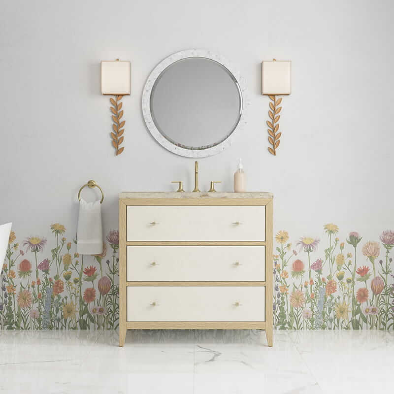 Celeste 36" Single Vanity in Sunwashed Oak With Embossed Shagreen With Tajnar Eclos Top Front View Lifestyle