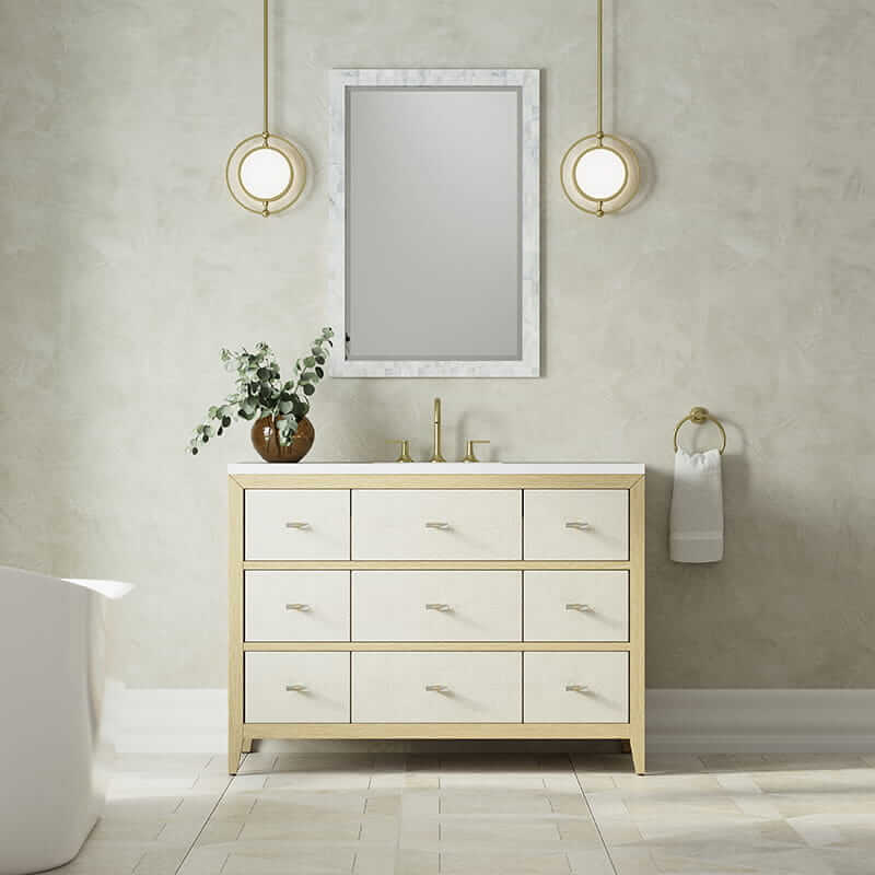 Celeste 48 Inch Single Vanity in Sunwashed Oak With Embossed Shagreen With White Zeus Silestone Top Front View Lifestyle