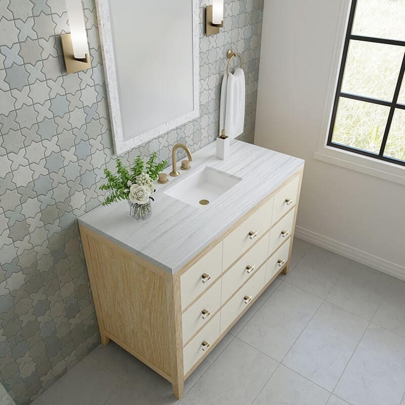 Celeste 48 Inches Single Vanity Sunwashed Oak With Embossed Shagreen Arctic Fall Solid Surface Top