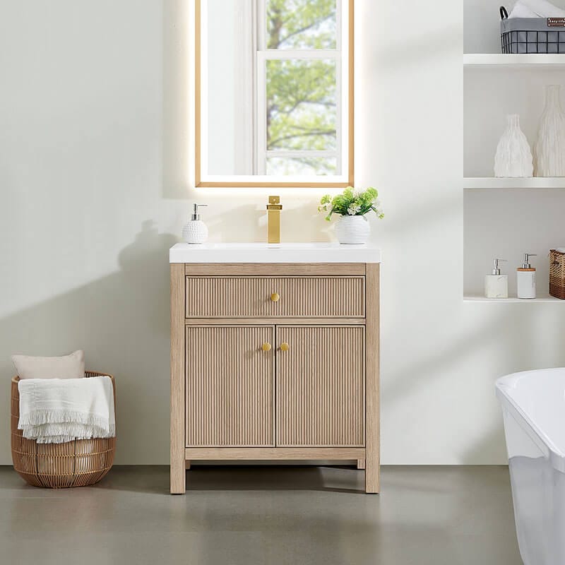 Cerrito 30 Inch Single Bathroom Vanity with Top Natural Oak Front View