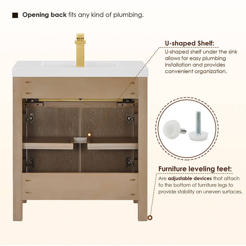 Cerrito 30 Single Bathroom Vanity with Top Natural Oak Back View