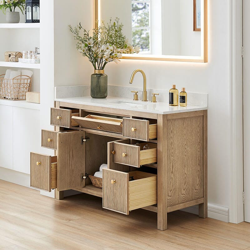 Cerrito 48 Single Bathroom Vanity with Top Natural Oak Open Doors