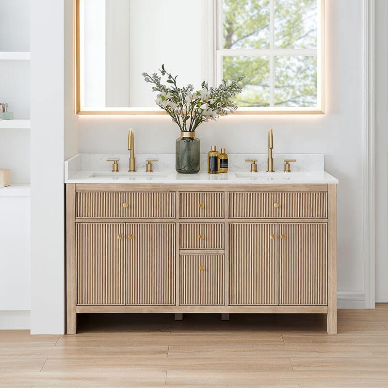 Cerrito 60 Double Bathroom Vanity with Top Natural Oak Front View