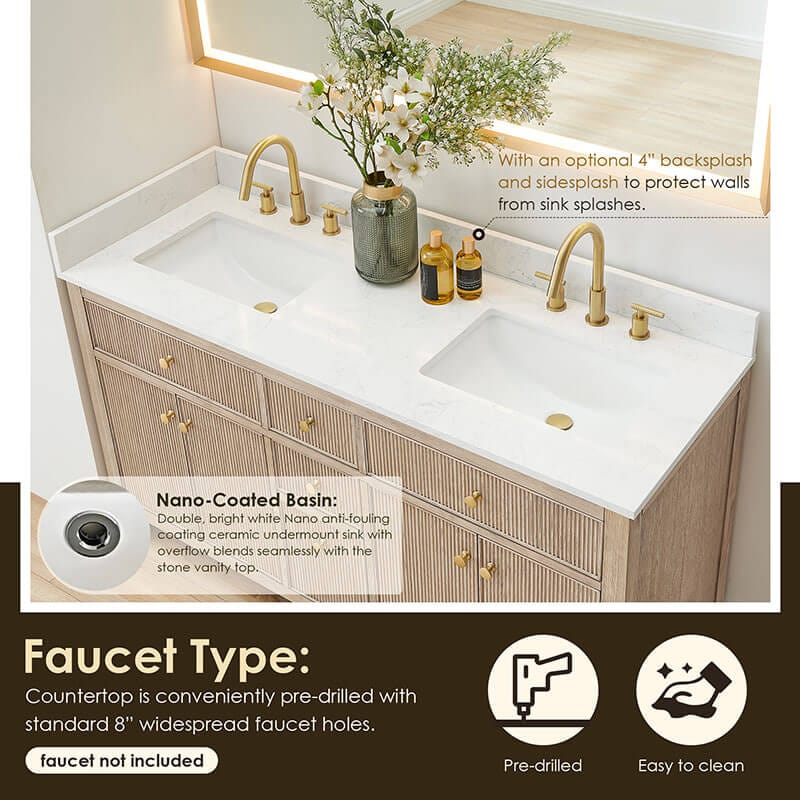 Cerrito 60 inch Double Bathroom Vanity with Top Natural Oak Nano Coated Basin