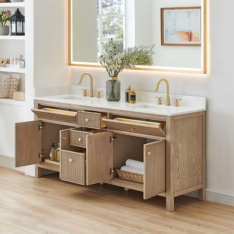 Cerrito 72 Double Bathroom Vanity with Top Natural Oak Corner View Open