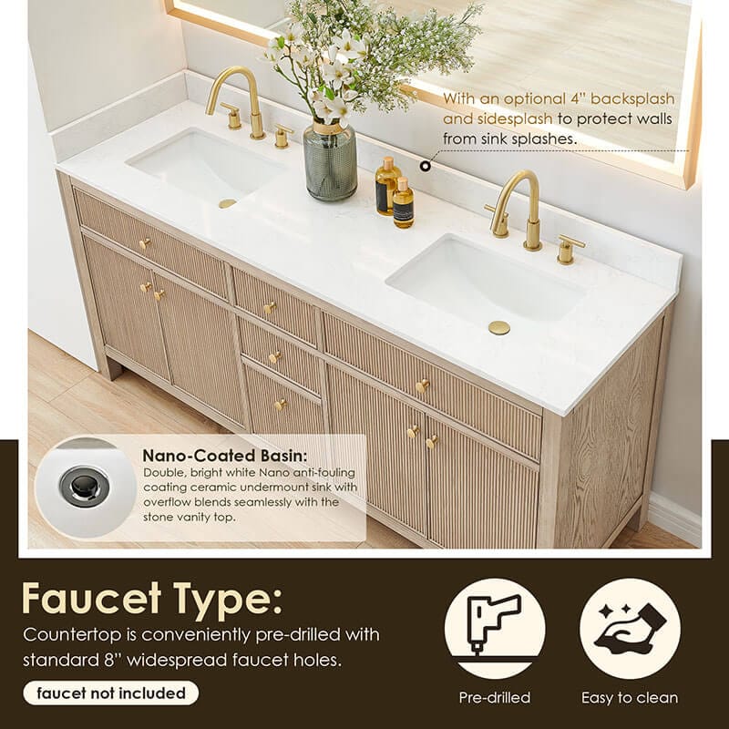Cerrito 72 Double Bathroom Vanity with Top Natural Oak Nano Coated Basin