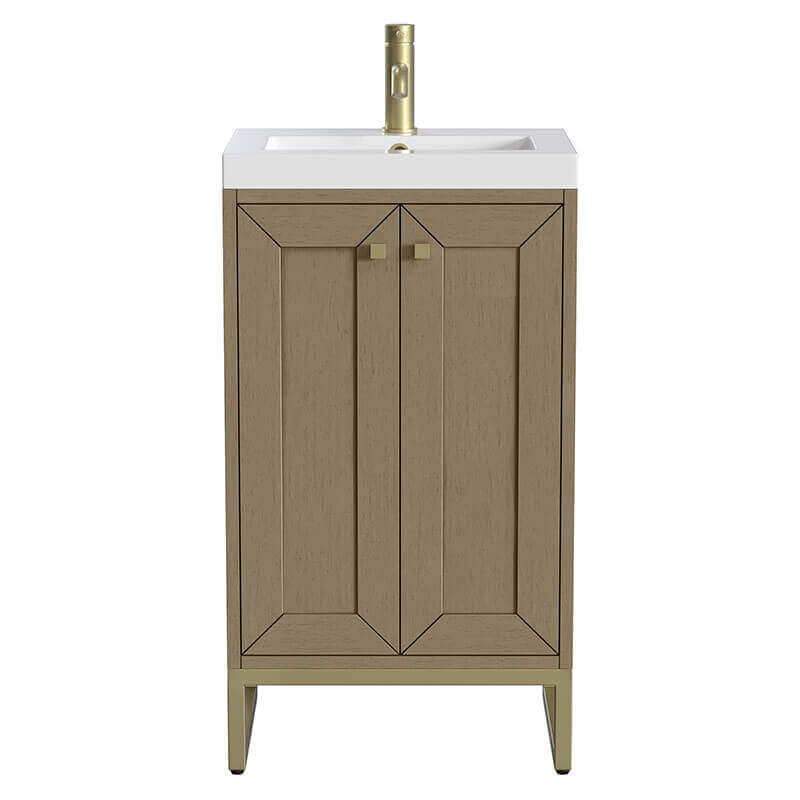 Chianti 20 Inch Single Vanity Walnut Whisper Champagne Brass White Glossy Composite Stone Top