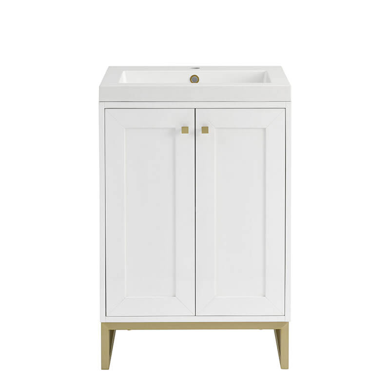 Chianti 24 Inch Single Vanity Glossy White Champagne Brass With White Glossy Composite Stone Top