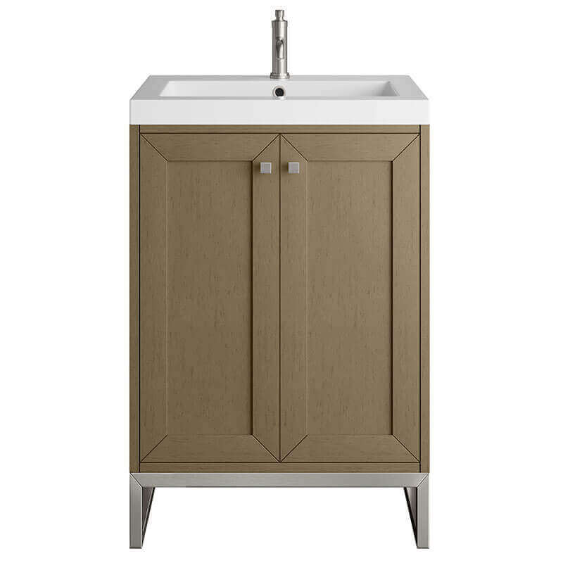 Chianti 24 Inch Single Vanity Walnut Whisper Brushed Nickel with White Glossy Composite Stone Top