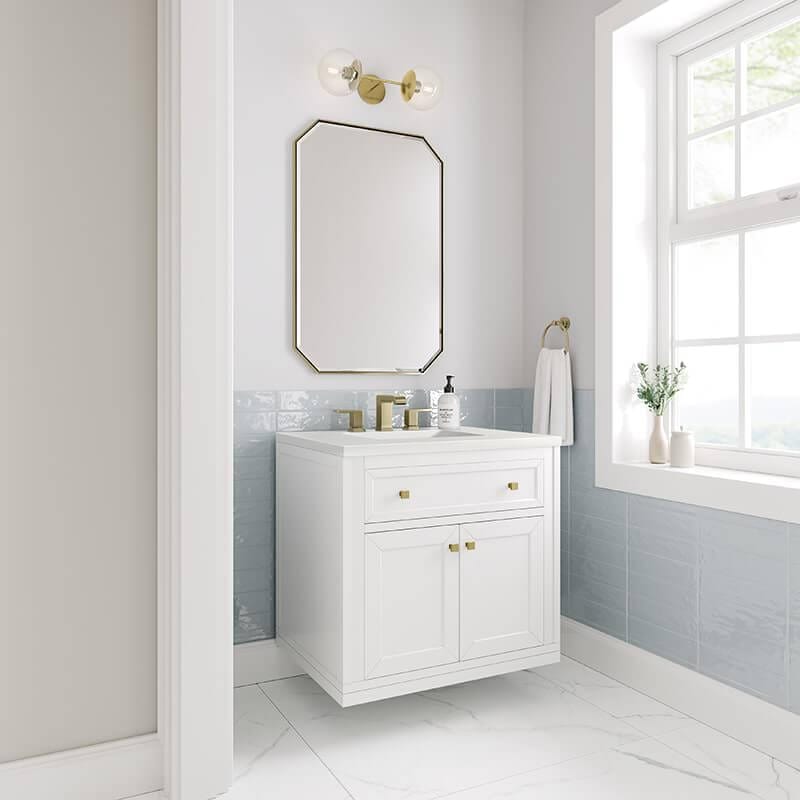 Chicago 30 Inch Single Vanity in Glossy White With White Zeus Silestone Top