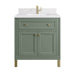 chicago 30 inch single vanity in smokey celadon with single hole faucet white zeus silestone top backsplash