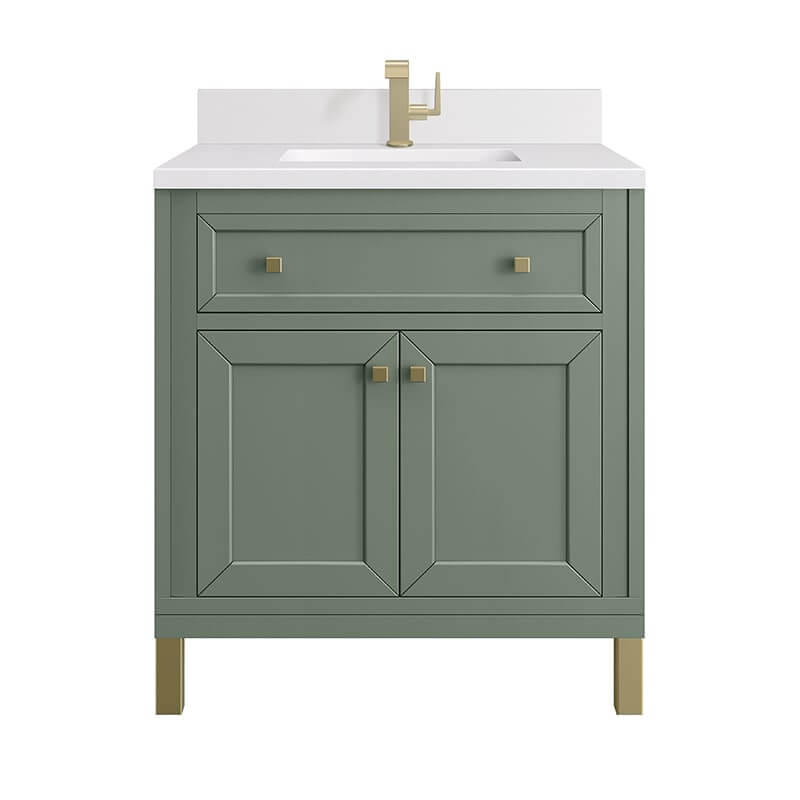 chicago 30 inch single vanity in smokey celadon with single hole faucet white zeus silestone top backsplash