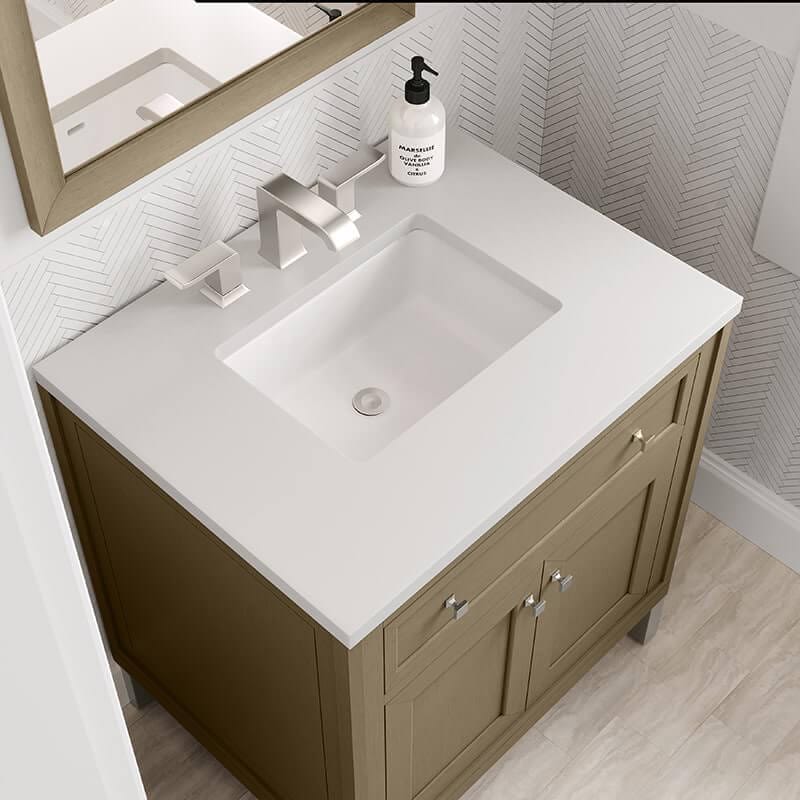 Chicago 30 Inch Single Vanity in Walnut Whisper With White Zeus Silestone Top