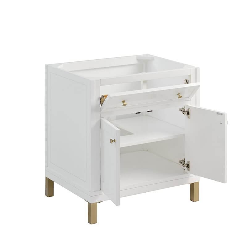 Chicago 30" Single Vanity in Glossy White Corner View Open Drawers