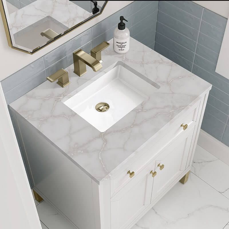 Chicago 30" Single Vanity in Glossy White With Victorian Silver Silestone Top
