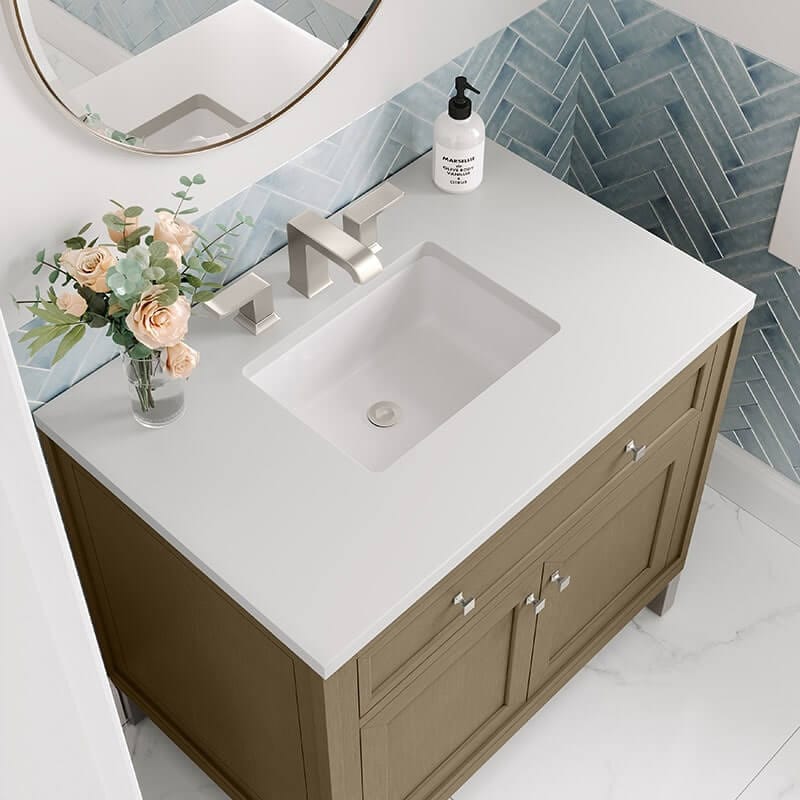 Chicago 36 Inch Single Vanity Walnut Whisper With White Zeus Silestone Top