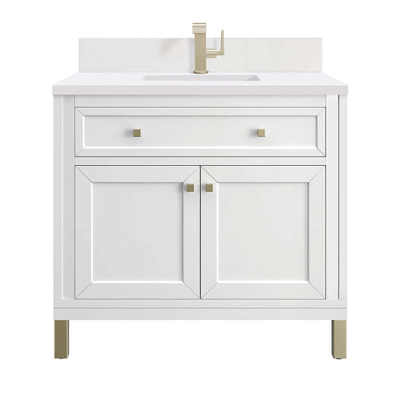 Chicago 36" Single Vanity Glossy White With Single Hole Faucet White Zeus Silestone Top Backsplash