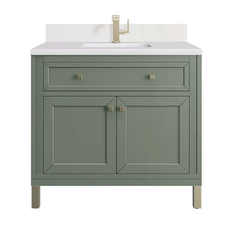 Chicago 36" Single Vanity Smokey Celadon With Single Hole Faucet White Zeus Silestone Top Backsplash