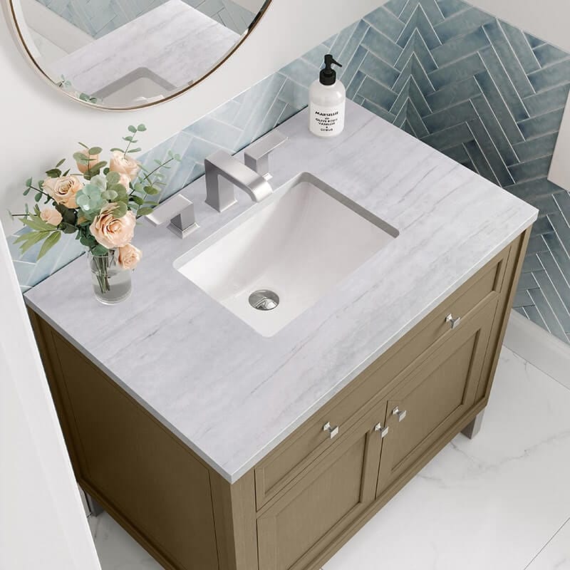 Chicago 36" Single Vanity Walnut Whisper With Arctic Fall Solid Surface Top