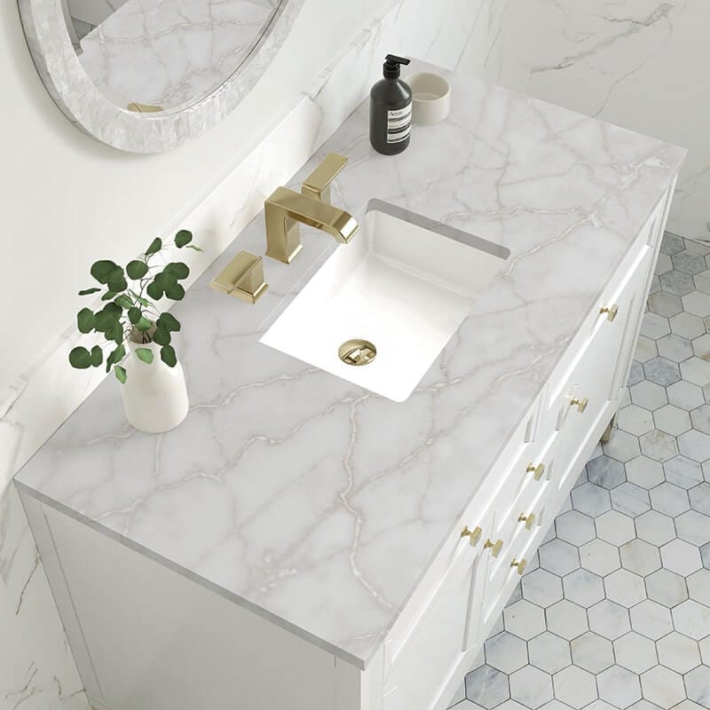 Chicago 48 Inch Single Vanity Glossy White With Victorian Silver Silestone Top