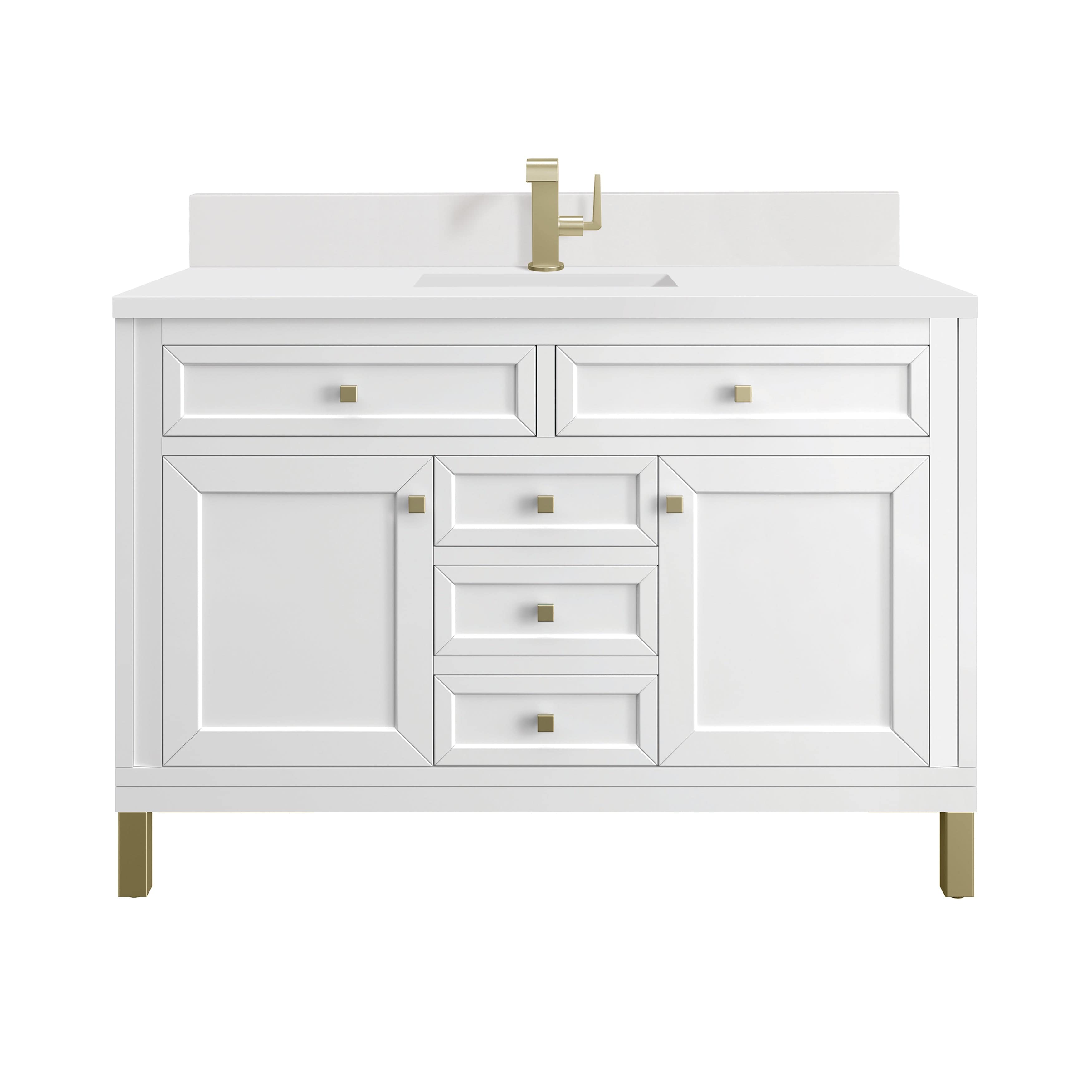 Chicago 48" Single Vanity Glossy Whitet Single Hole Faucet White Zeus Silestone Top Backsplash