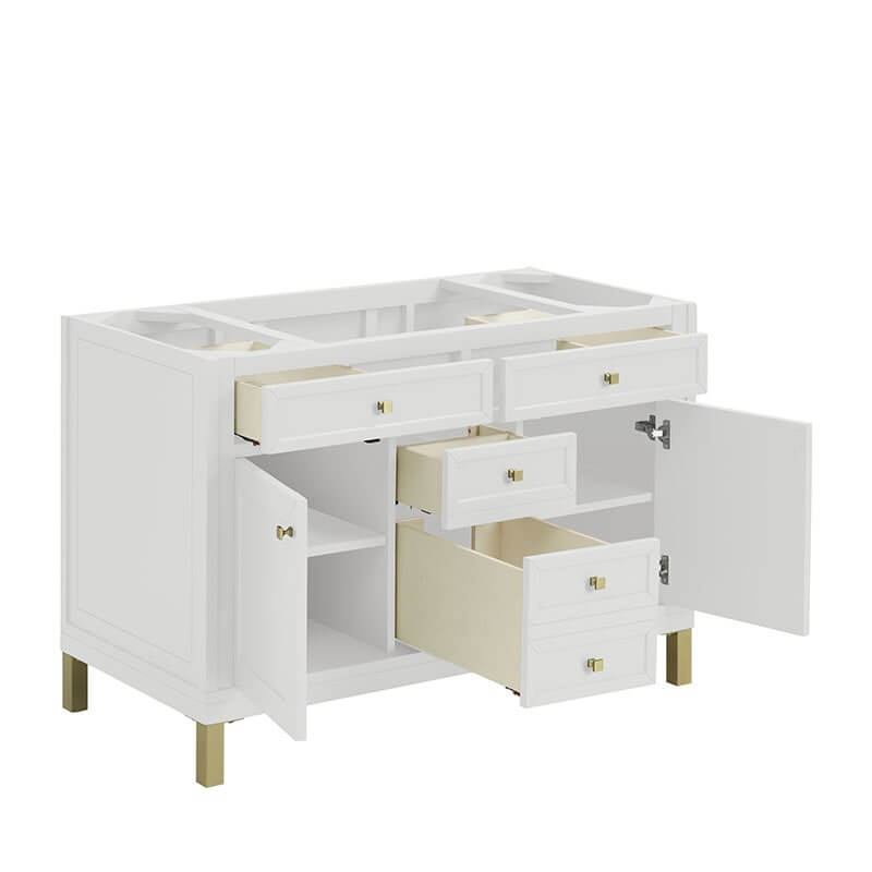 Chicago 48" Single Vanity Glossy Whitetcorner View Open Drawers