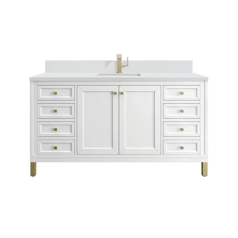 Chicago 60" Double Single Glossy White With Single Hole Faucet White Zeus Silestone Top Backsplash