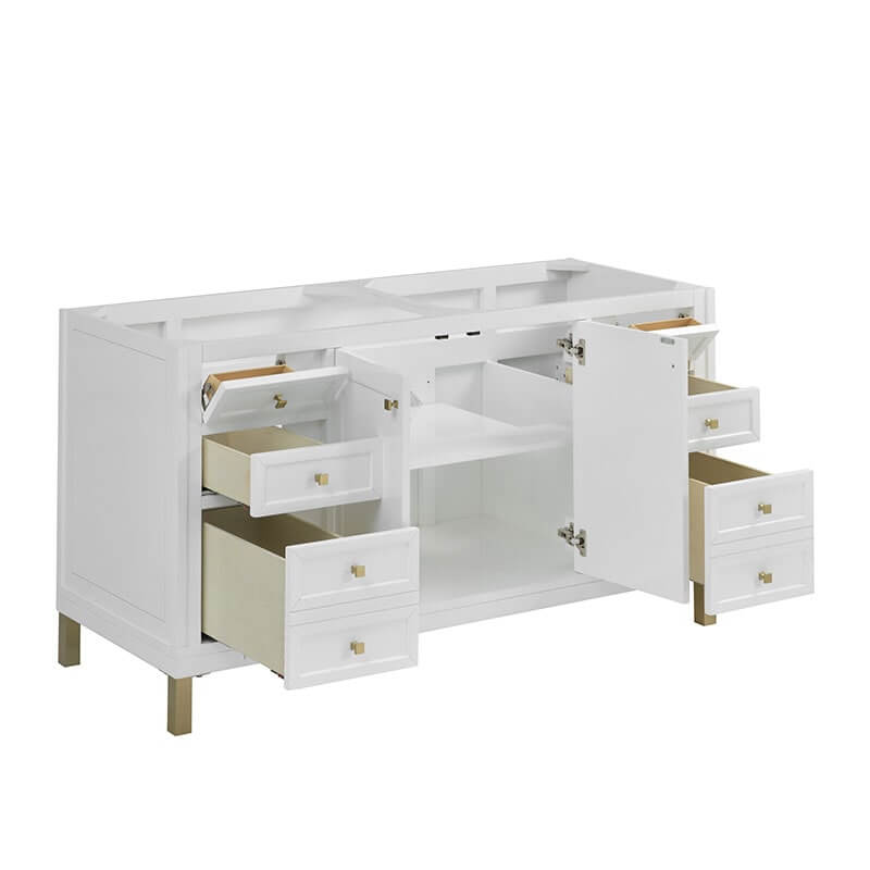 Chicago 60" Double Vanity Glossy White Corner View Open Drawers