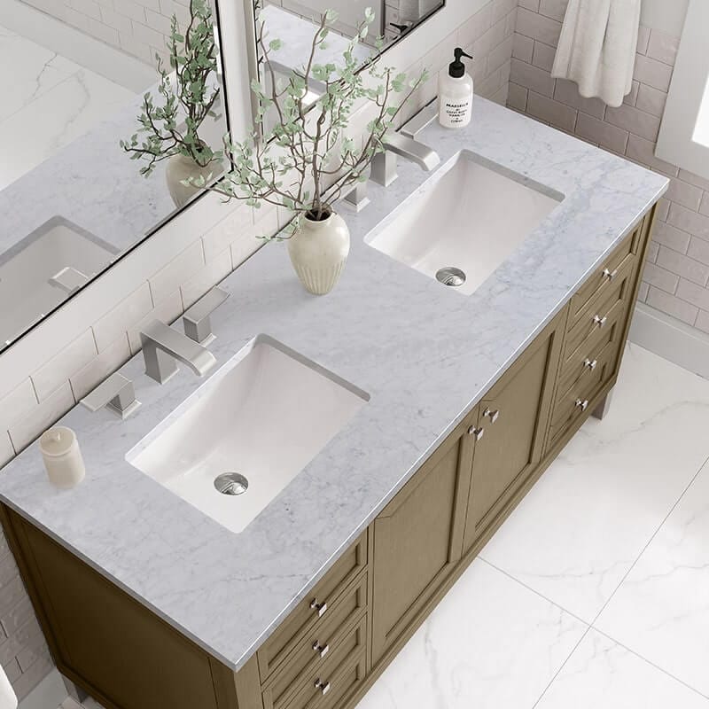 Chicago 60" Double Vanity Whitewashed Walnut With Carrara Marble Top