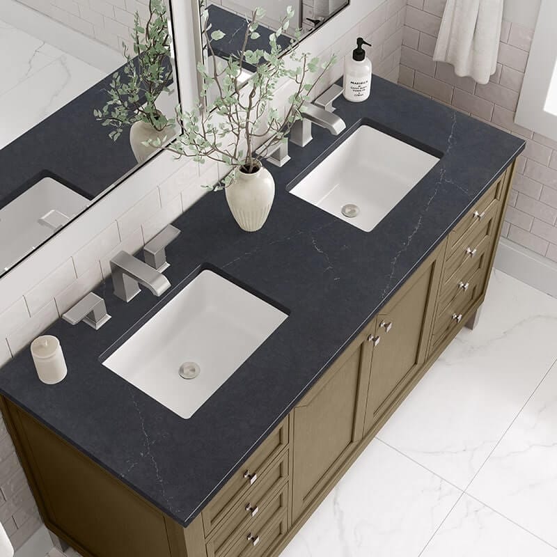 Chicago 60 Inch Double Vanity Whitewashed Walnut With Charcoal Soapstone Silestone Top