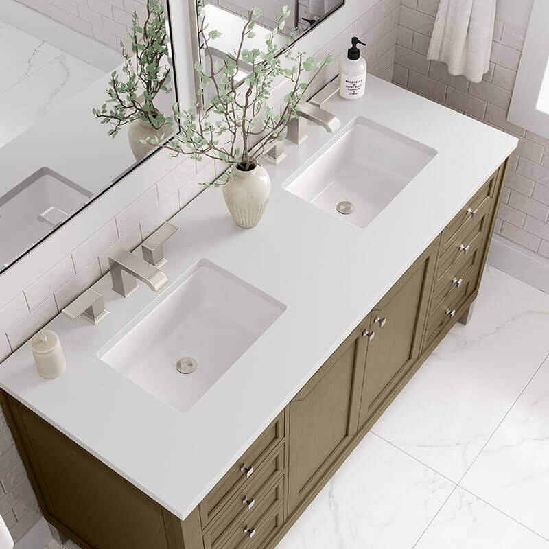 Chicago 60 Inch Double Vanity Whitewashed Walnut With White Zeus Silestone Top