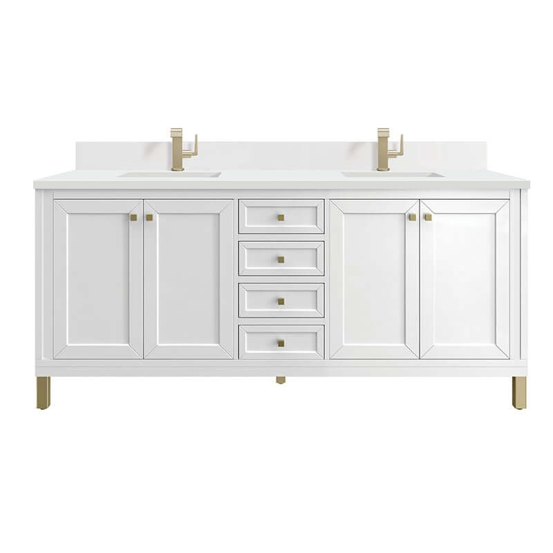 Chicago 72" Double Vanity Glossy White With Single Hole Faucet White Zeus Silestone Top Backsplash