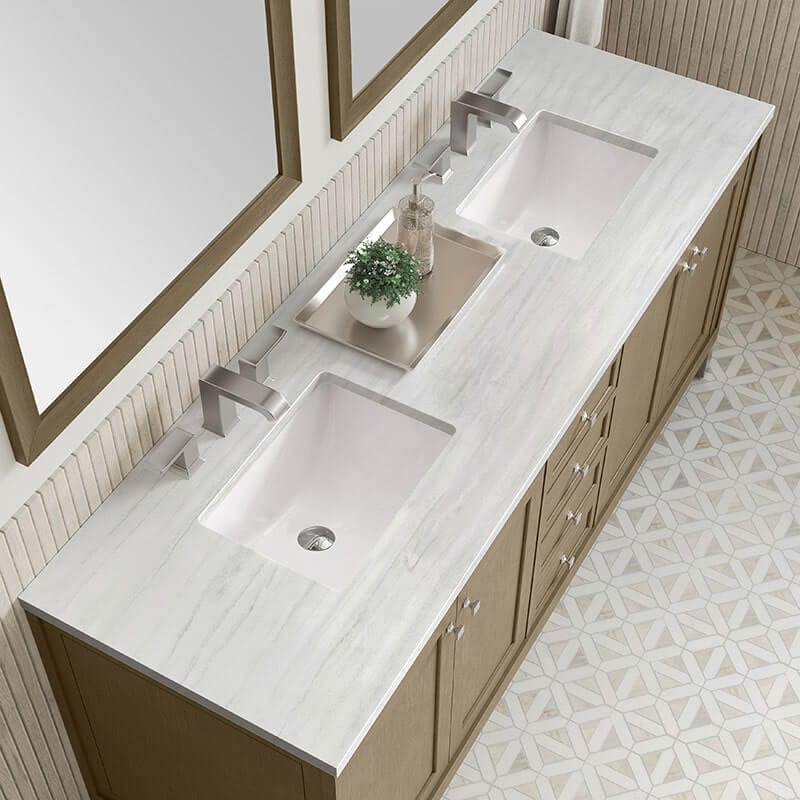 Chicago 72" Double Vanity Whitewashed Walnut With Arctic Fall Solid Surface Top
