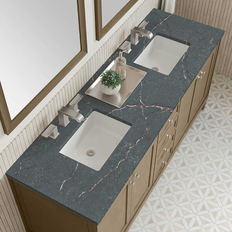 Chicago 72 Inch Double Vanity in Walnut Whisper With Parisien Bleu Silestone Top