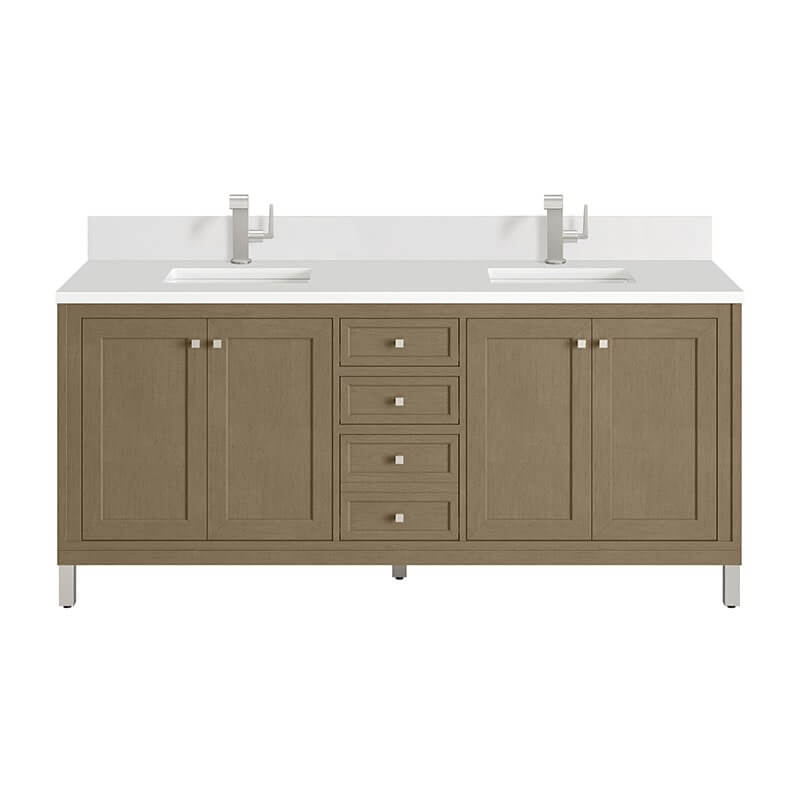 Chicago 72 Inch Double Whitewashed Walnut With Single Hole Faucet White Zeus Silestone Top Backsplash